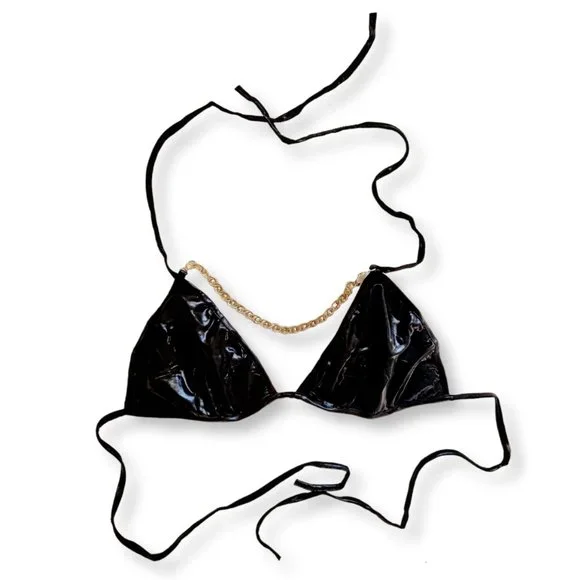 Metallic black wet-look triangle bralette + gathered tie hot pants Fits AU 6-10 - Picture 12 of 16